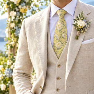 Butter Yellow Ivory Estate Rose Botanical Pattern Neck Tie
