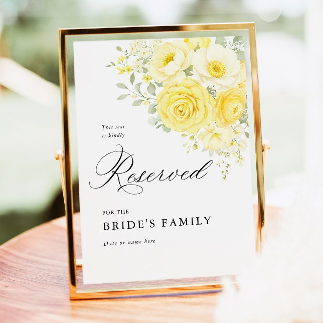 Butter Yellow Ivory Floral Reserved Seat Sign 5x7 (butter yellow floral reserved wedding sign, yellow ivory rose seating sign, elegant wedding signage)