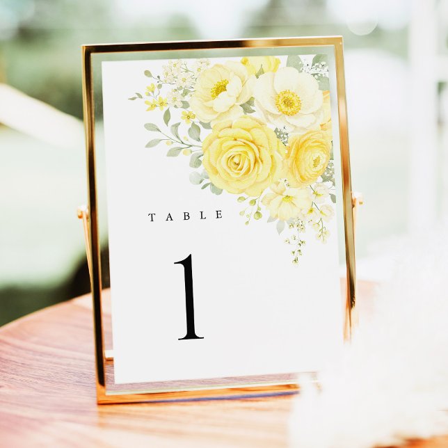 Butter Yellow Ivory Floral Wedding Table Numbers (butter yellow ivory floral wedding table number, yellow rose table number sign reception table decor)