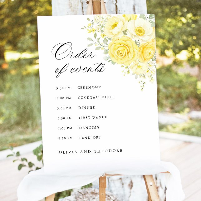 Butter Yellow Ivory Order of Events Wedding Sign (butter yellow floral wedding welcome sign elegant yellow cream ivory garden ceremony welcome board)