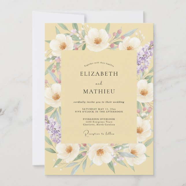 Butter Yellow Lilac Peony Wedding Invitation (Front)