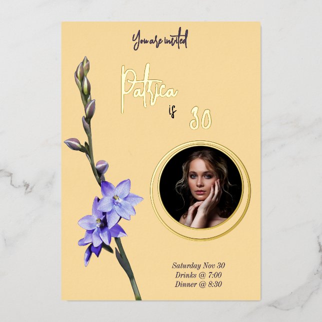 Butter Yellow & Lilac SunOrchid Photo Birthday Foil Invitation (Front)