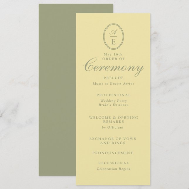 Butter Yellow Monogram Wedding Program (Front/Back)