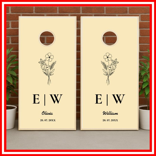 Butter Yellow Monogram Wildflower Wedding Cornhole Set (Creator Uploaded)
