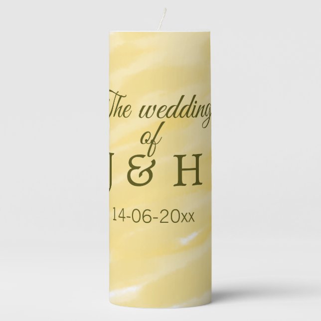 Butter yellow pastel the wedding of couple name le pillar candle (Front)