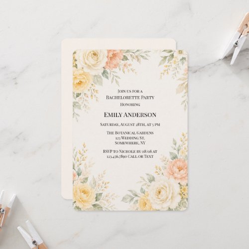 Butter Yellow Peach & Ivory Floral Bachelorette  Invitation