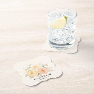 Butter Yellow Peach & Ivory Floral Wedding Paper Coaster