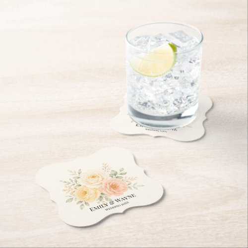 Butter Yellow Peach & Ivory Floral Wedding Paper Coaster