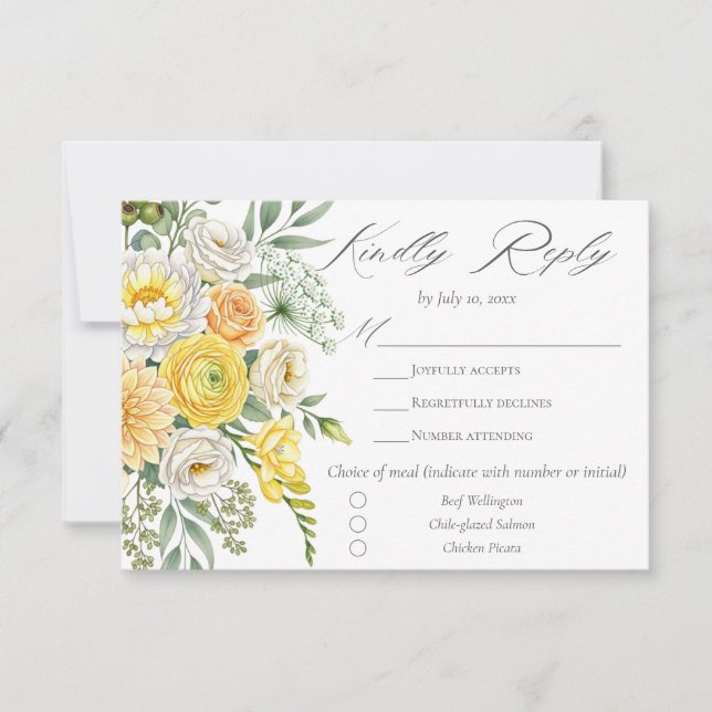 Butter Yellow Peach Sage Green Floral Wedding Meal RSVP Card (Front)