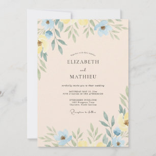 Butter Yellow Periwinkle Leafy Wedding Invitation