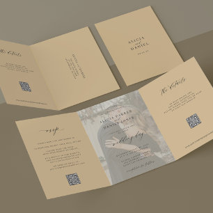 Butter yellow photo wedding RSVP details QR code  Tri-Fold Invitation