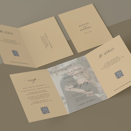 Butter yellow photo wedding RSVP details QR code Tri-Fold Invitation