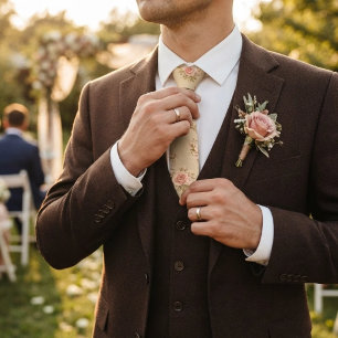 Butter Yellow Pink Rose Chintz Bouquet Pattern Neck Tie