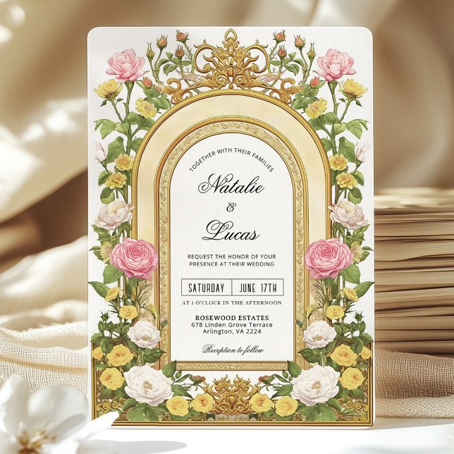 Butter Yellow Pink Vintage Art Nouveau Wedding Invitation (Creator Uploaded)