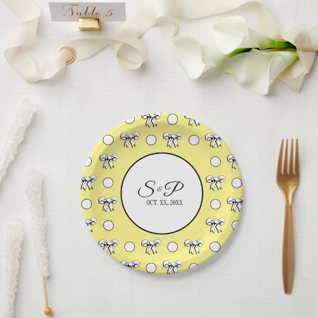 Butter Yellow Polka Dot White Bow Personalized Paper Plates (Wedding)