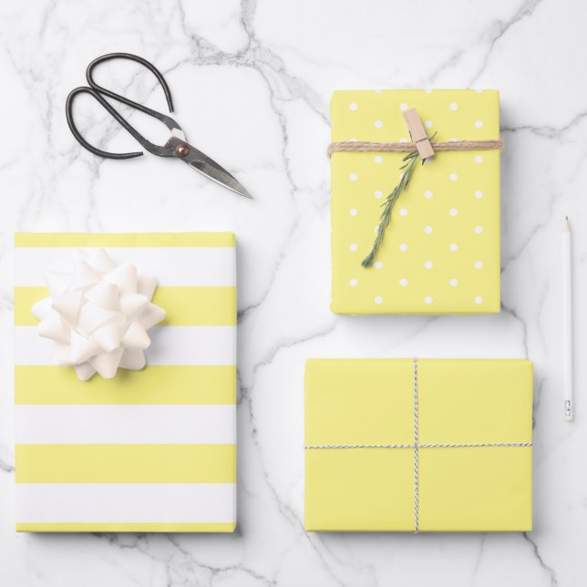 Butter Yellow Polka Dot Wide Striped and Solid Wrapping Paper Sheets (Front)