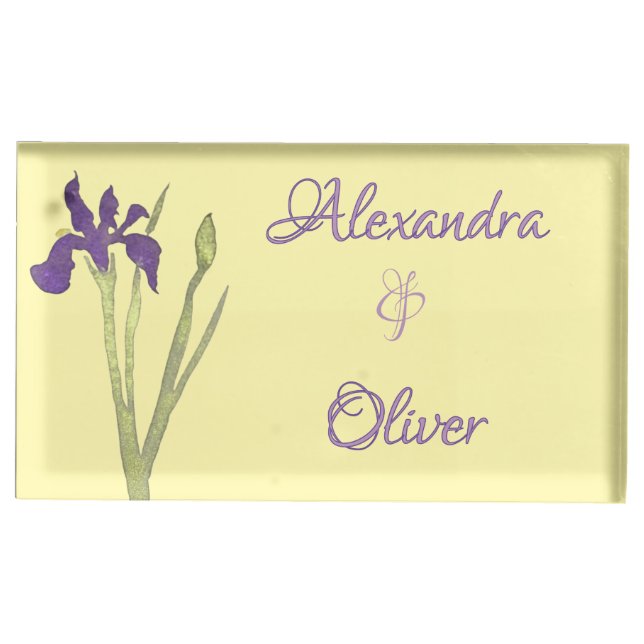 Butter Yellow & Purple Iris Watercolor Wedding Place Card Holder (Front)