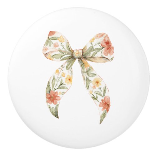 Butter Yellow Red Floral Bow Ceramic Knob