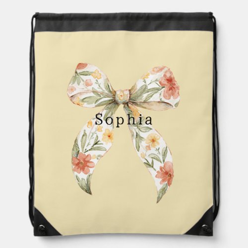 Butter Yellow Red Floral Bow Drawstring Bag