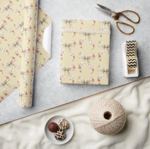 Butter Yellow Red Floral Bows Birthday Wrapping Paper