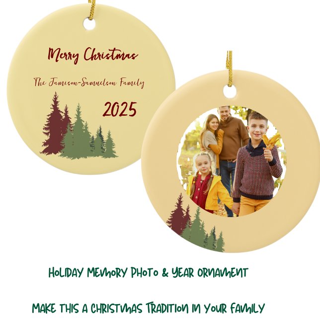 Butter Yellow Red & Green Pine Tree Christmas Ceramic Ornament (Creator Uploaded)