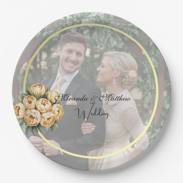 Butter-Yellow Rose Bouquet Wedding Photo Paper Plates (Front)