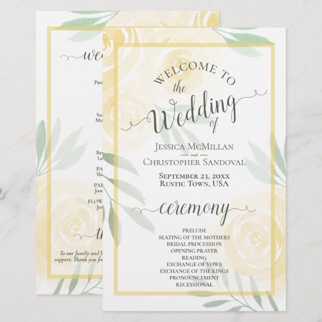 Butter Yellow & Sage Roses Budget Wedding Program (Front/Back)