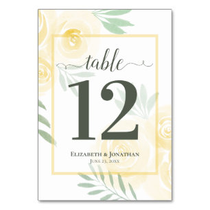Butter Yellow & Sage Roses Elegant Wedding Table Number