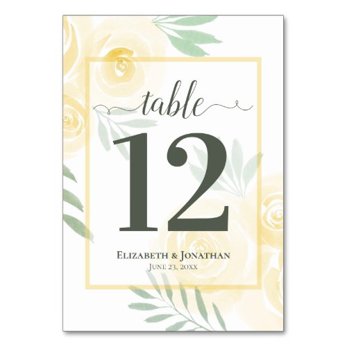 Butter Yellow & Sage Roses Elegant Wedding Table Number