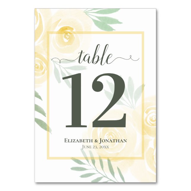 Butter Yellow & Sage Roses Elegant Wedding Table Number (Front)