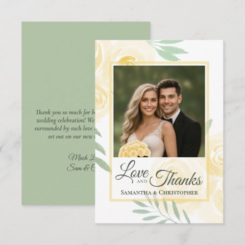 Butter Yellow &amp; Sage Roses Photo &amp; Note Wedding Thank You Card