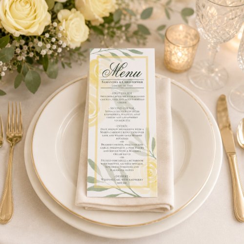 Butter Yellow & Sage Watercolor Roses Boho Wedding Menu