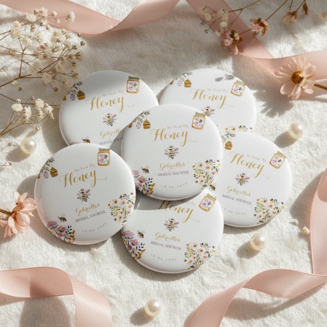 Butter Yellow She Found Her Honey Bee Bridal Party Button (Creator Uploaded)