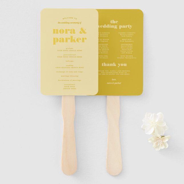 Butter Yellow Simple Wedding Program Hand Fan (Front and Back)
