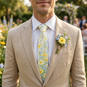 Butter Yellow Soft Blue Wildflower Spring Wedding Neck Tie