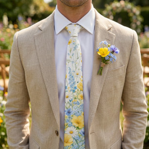 Butter Yellow Soft Blue Wildflower Spring Wedding Neck Tie
