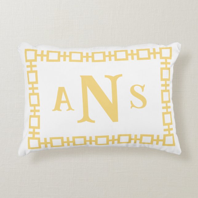 Butter Yellow Square Greek Key Monogram Accent Pillow (Front)