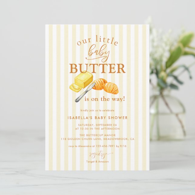 Butter Yellow Stripes Baby Shower Invitation (Standing Front)