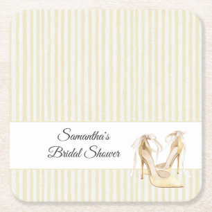 Butter Yellow Stripes High Heels Bridal Shower Square Paper Coaster