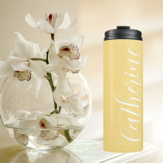 Butter Yellow Stylized Name Wedding Bridesmaid Thermal Tumbler (In Situ)