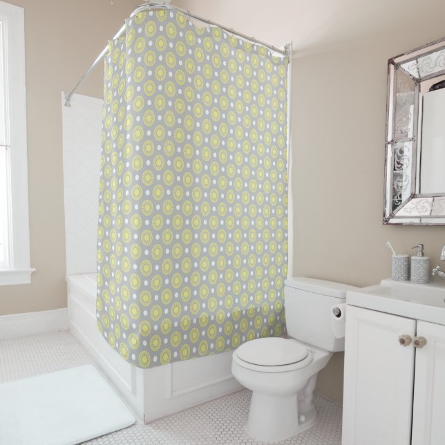 Butter Yellow Sunshine on Ash Grey Shower Curtain (In Situ)