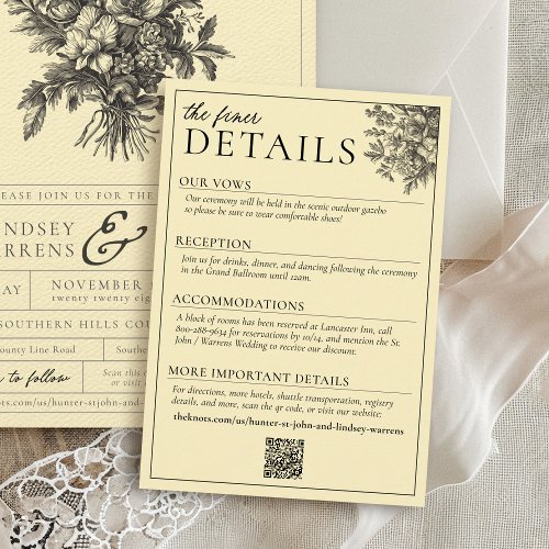 Butter Yellow Vintage Floral Wedding Details Enclosure Card