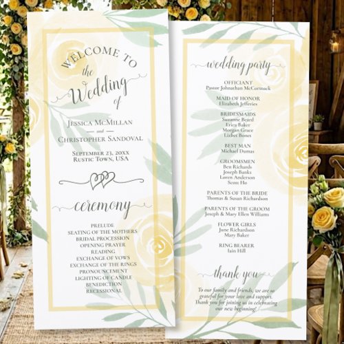Butter Yellow Watercolor Roses Elegant Wedding Program