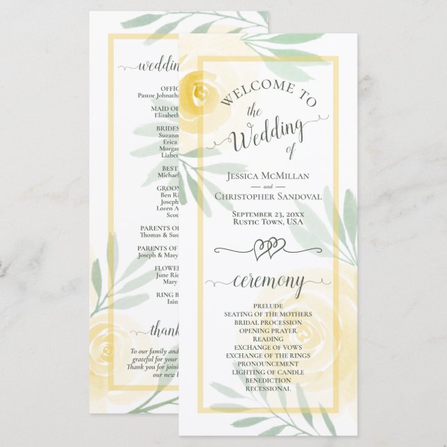 Butter Yellow Watercolor Roses Elegant Wedding Program (Front/Back)