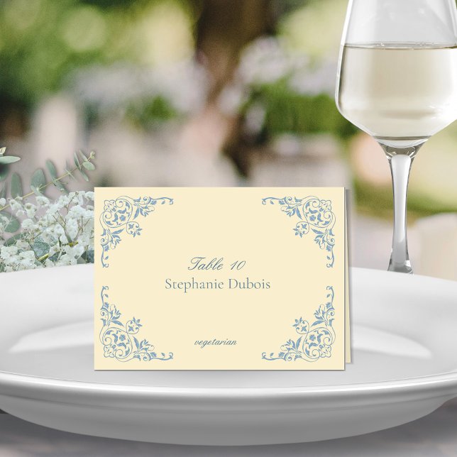 Butter Yellow Wedding Place Cards with Meal Choice (Butter yellow elegant folded wedding place card with menu meal choice for romantic victorian formal)