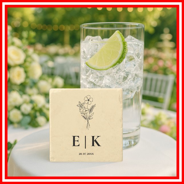 Butter Yellow Wildflower Monogram Wedding Stone Coaster (Creator Uploaded)