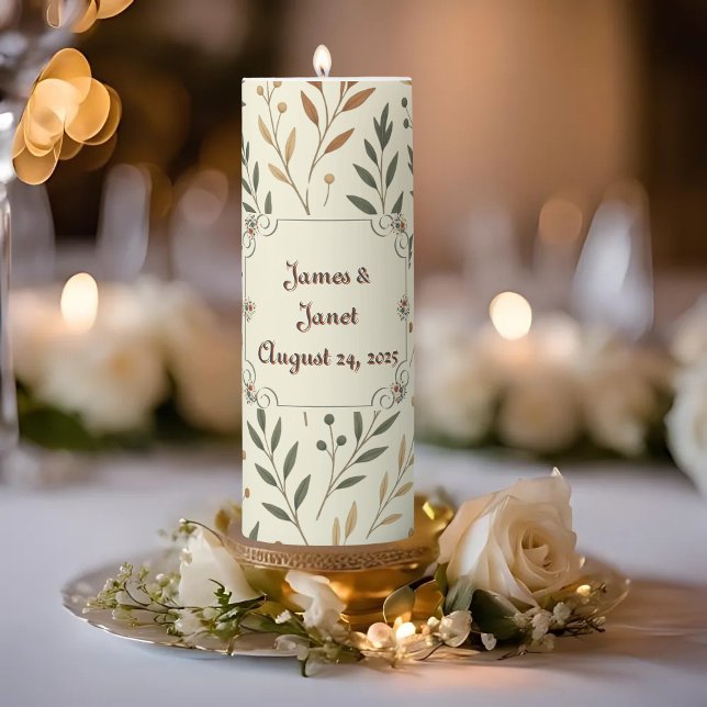  Buttercream Leaves Customizable Wedding Tall Pillar Candle (Creator Uploaded)