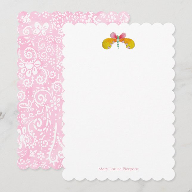 Buttercup butterfly scalloped stationery note card (Front/Back)