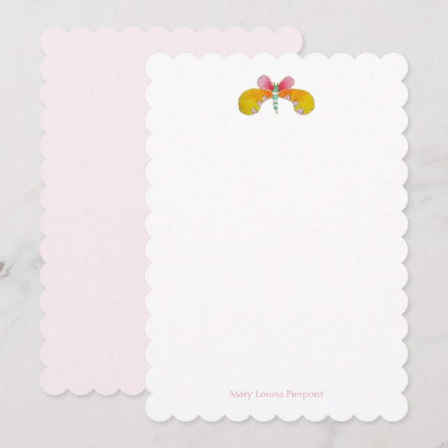 Buttercup butterfly scalloped stationery note card (Front/Back)