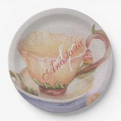 BUTTERCUP TEACUP MONOGRAM PARTY PAPER PLATES